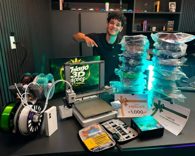 Prêmios da 2ª edição (rapidinha): impressora Bambu Lab A1, filamentos, kit de ferramentas e vales